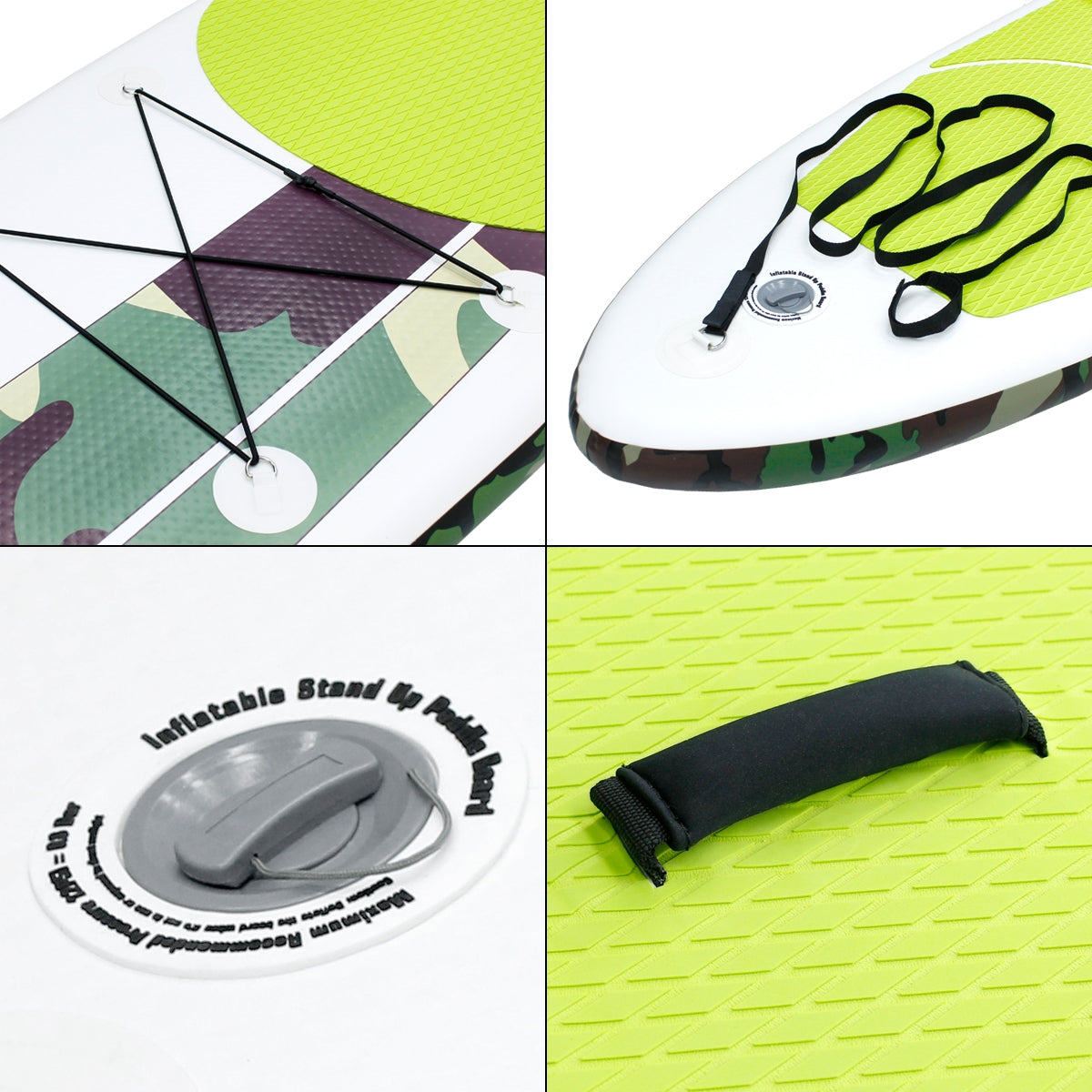Detailaufnahme eines Stand-Up-Paddleboards mit grünem und camouflagemuster.