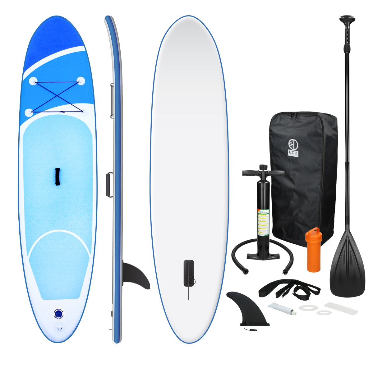 Stand-up paddleboard in blauw en wit, samen met pomp, vin en tas op een witte achtergrond.