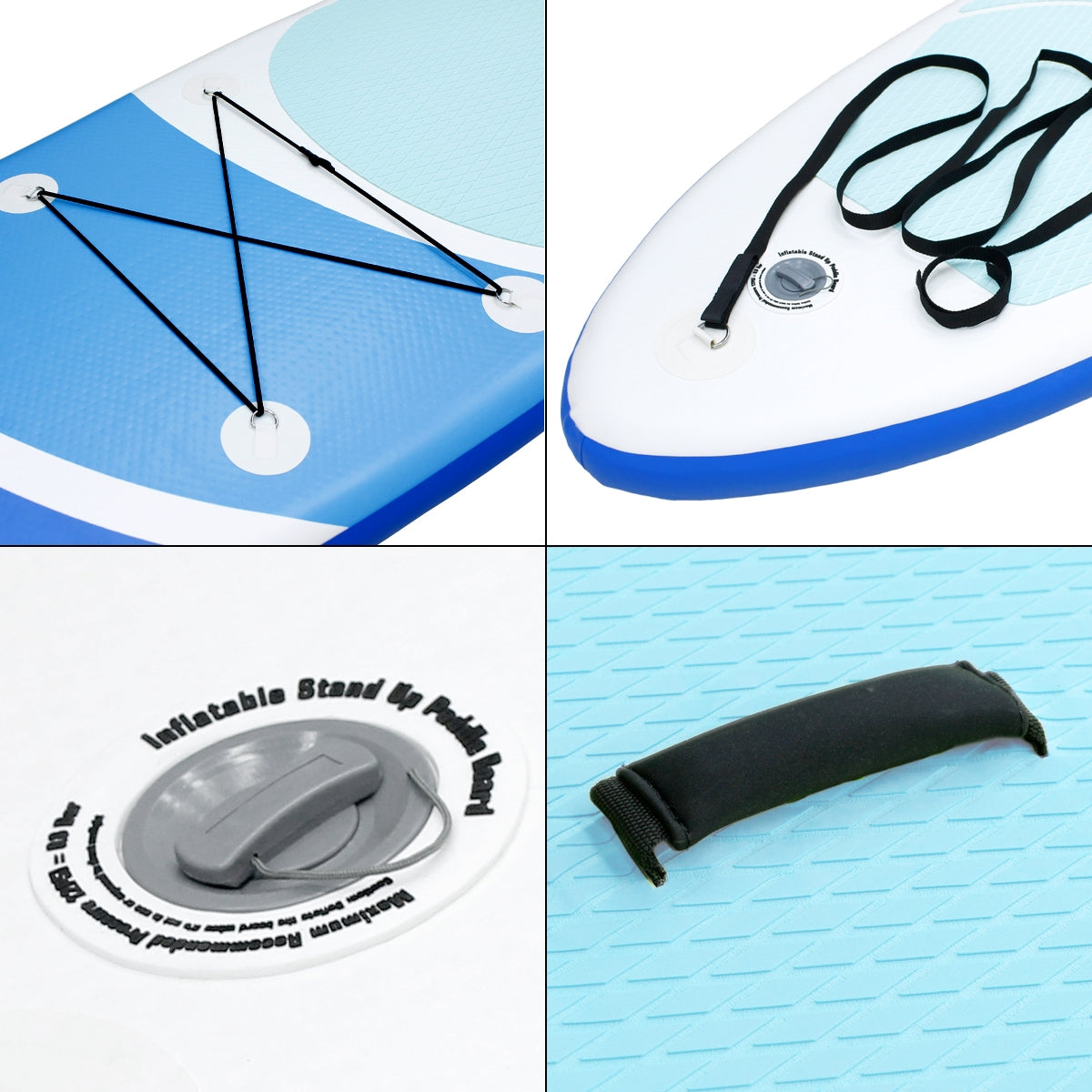 Close-up van een opblaasbaar stand-up paddleboard met een blauwe en witte oppervlakte.