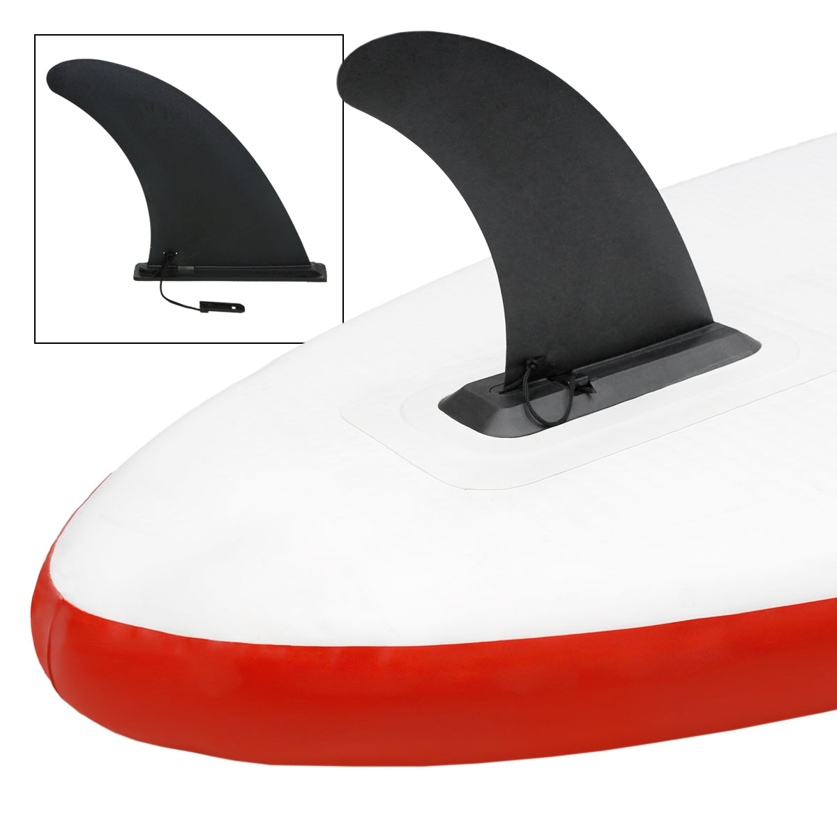 Vue détaillée d'un stand-up paddle board rouge et blanc avec une nageoire noire.