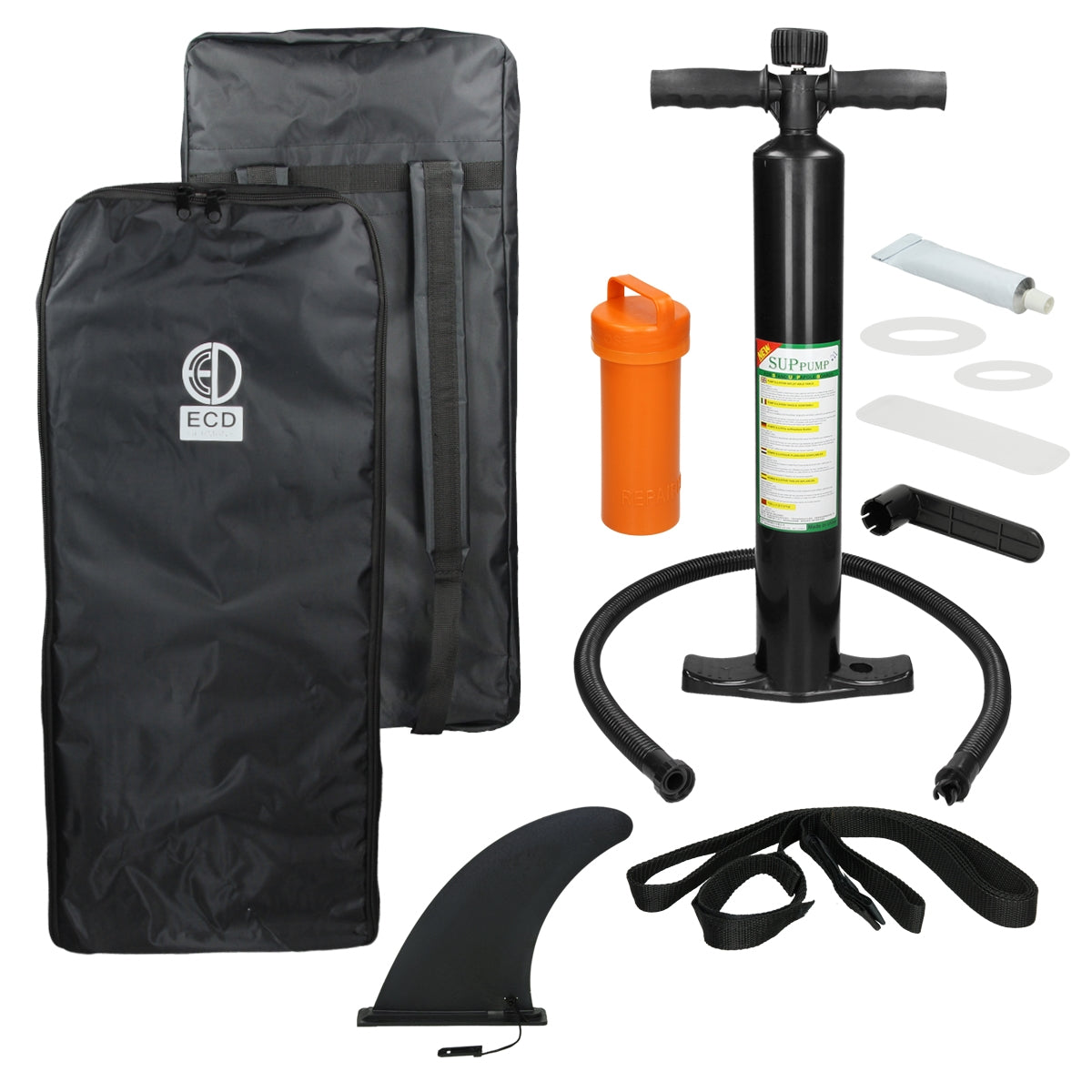 Accessoires pour le stand-up paddle : pompe, nageoire, sac et autres pièces sur un fond blanc.