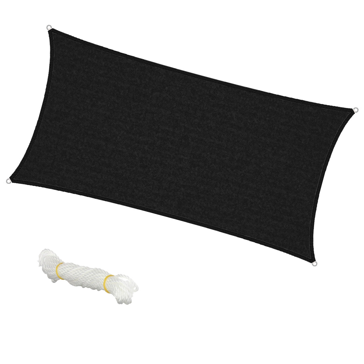 Toldo negro con un rollo de cuerda blanca al lado.
