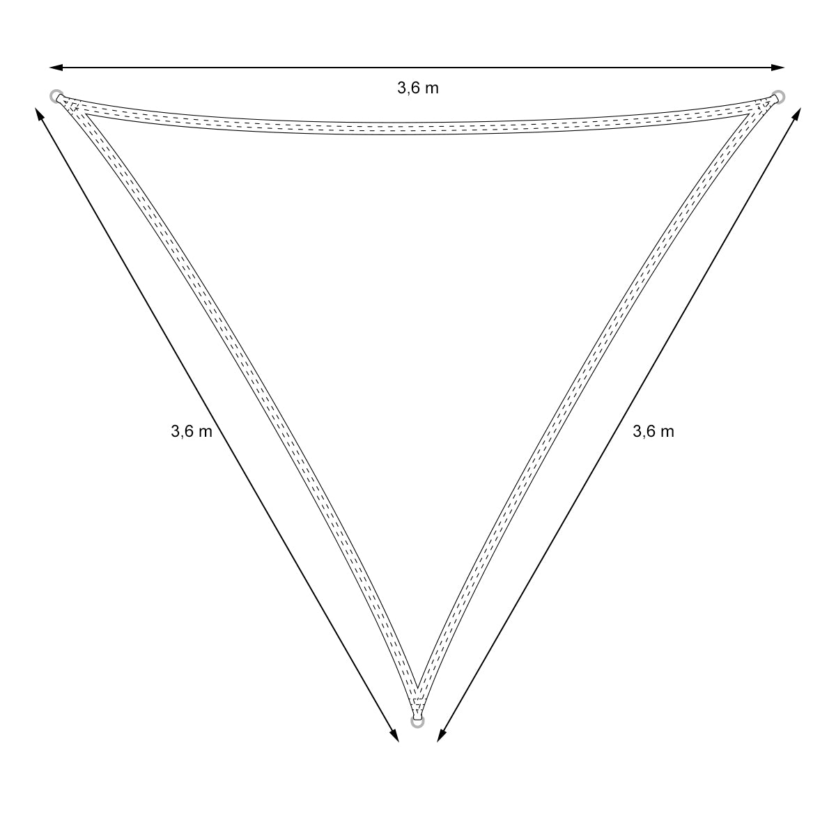 Dibujo técnico de una lona triangular con dimensiones de 3,6 m.