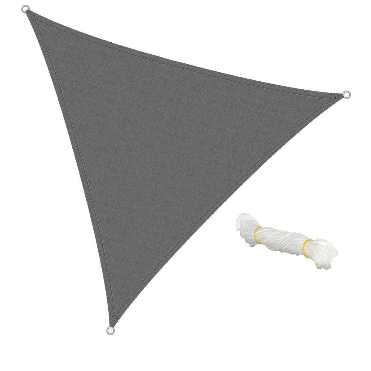Un paño triangular gris y un manojo de cuerda blanca.