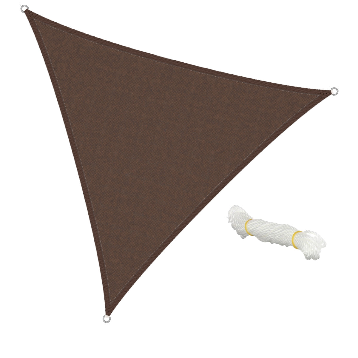 Lona de protección solar triangular en marrón con una cuerda blanca al lado.