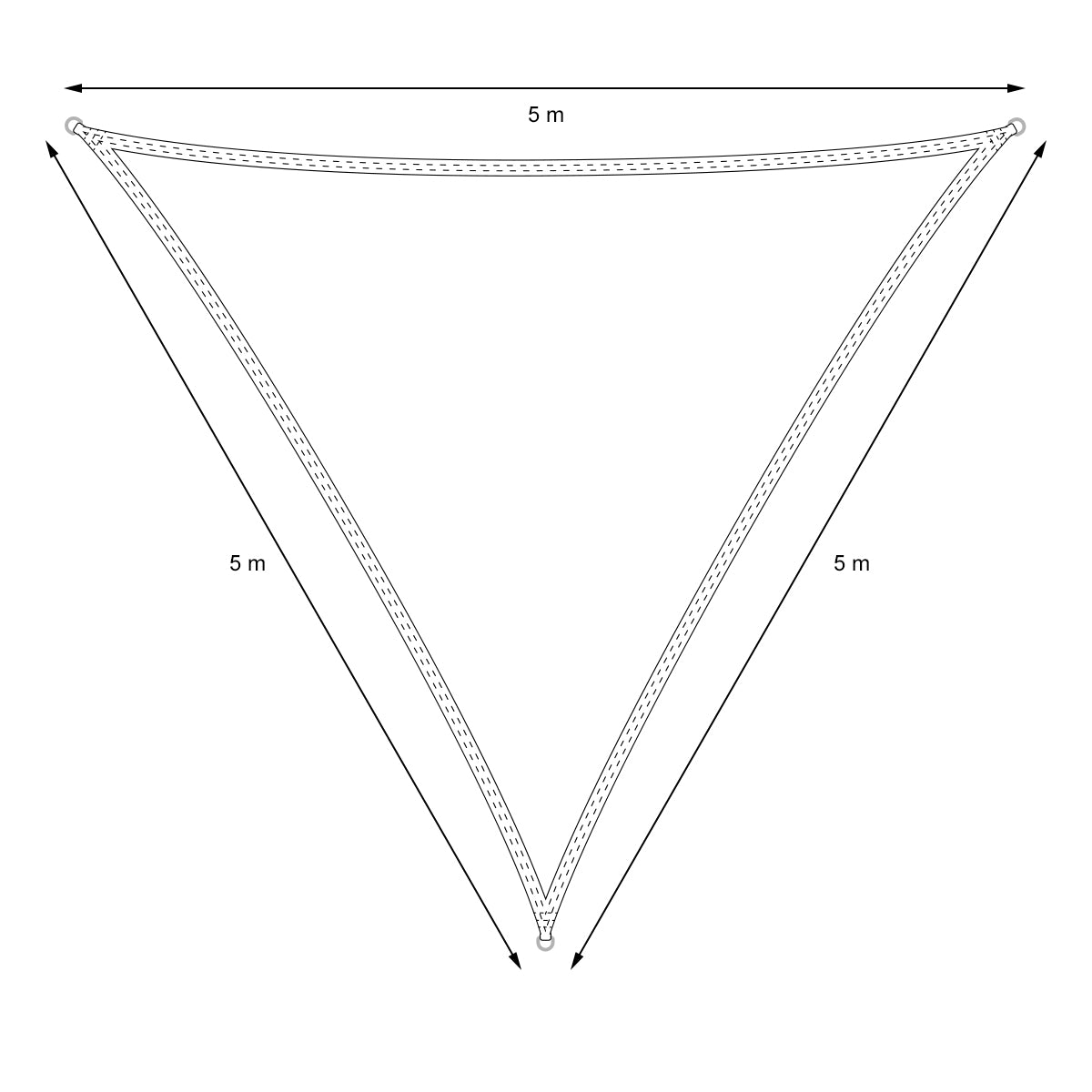 Dibujo técnico de un sistema de suspensión triangular con medidas.