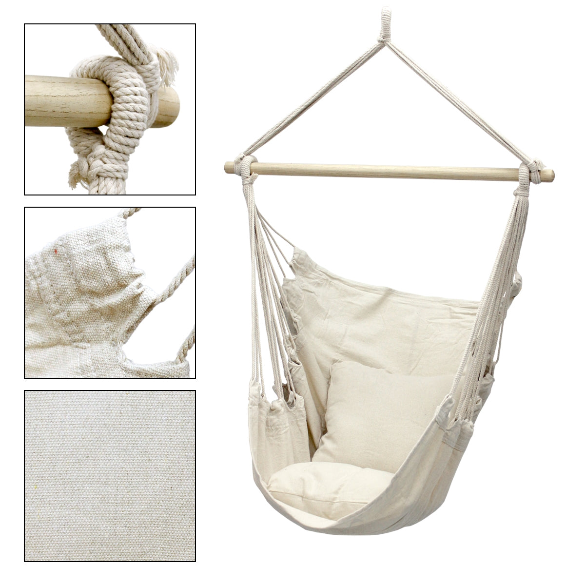 Hamac suspendu beige, accroché à une barre en bois avec une corde.