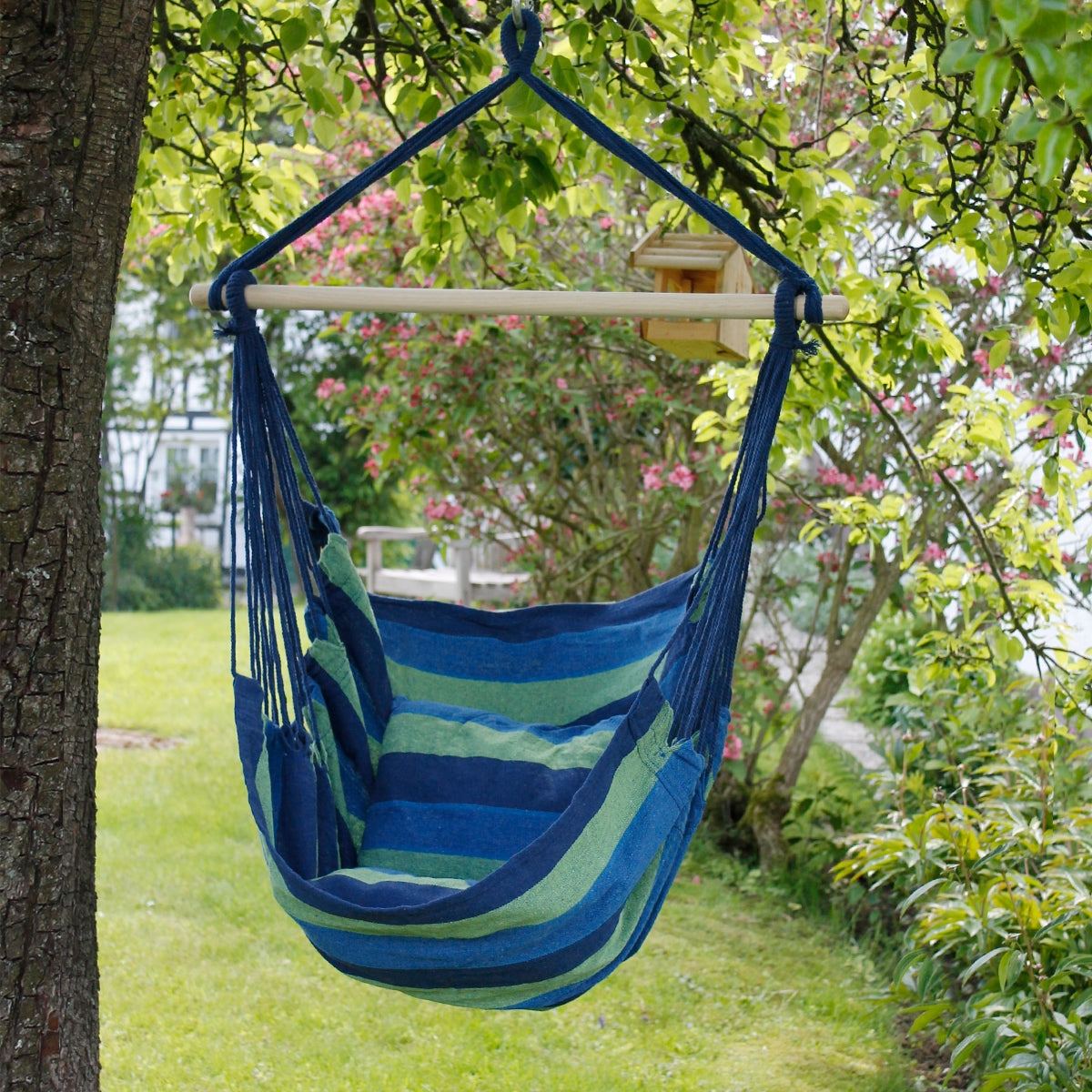 Hängesessel in Blau- und Grüntönen, hängt an einem Baum.
