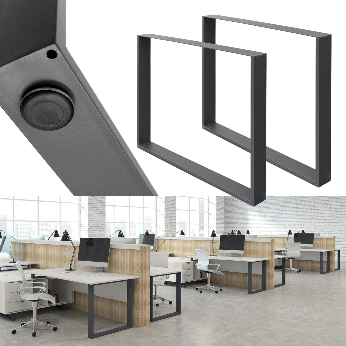 Office with several workstations and computers in a bright setting.