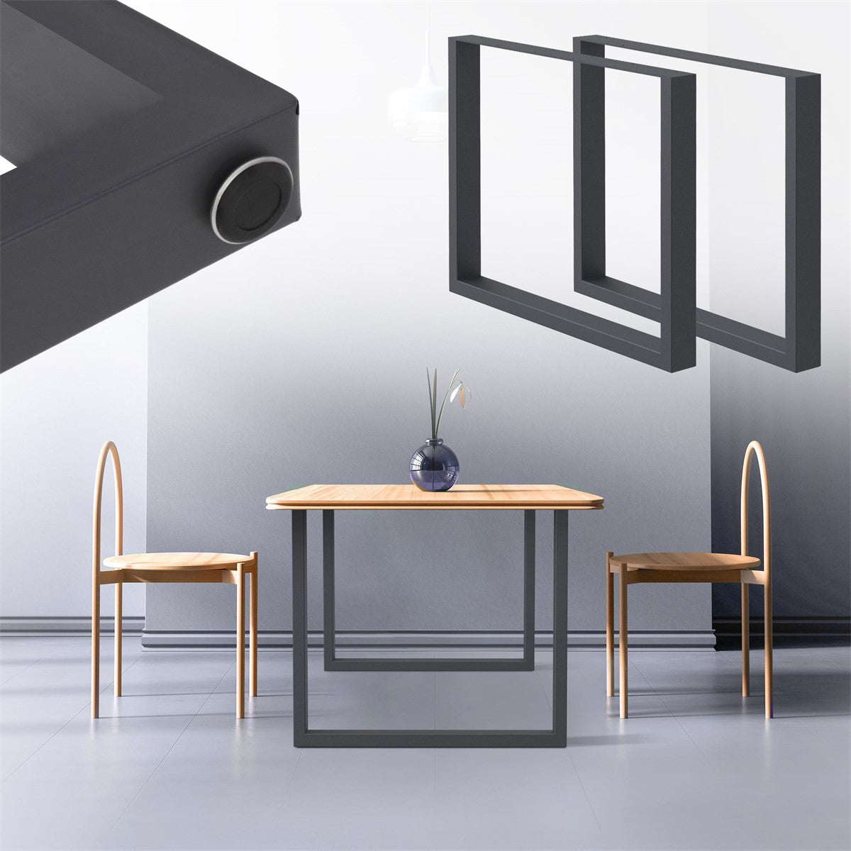 A table with a wooden top and two chairs in a modern room.
