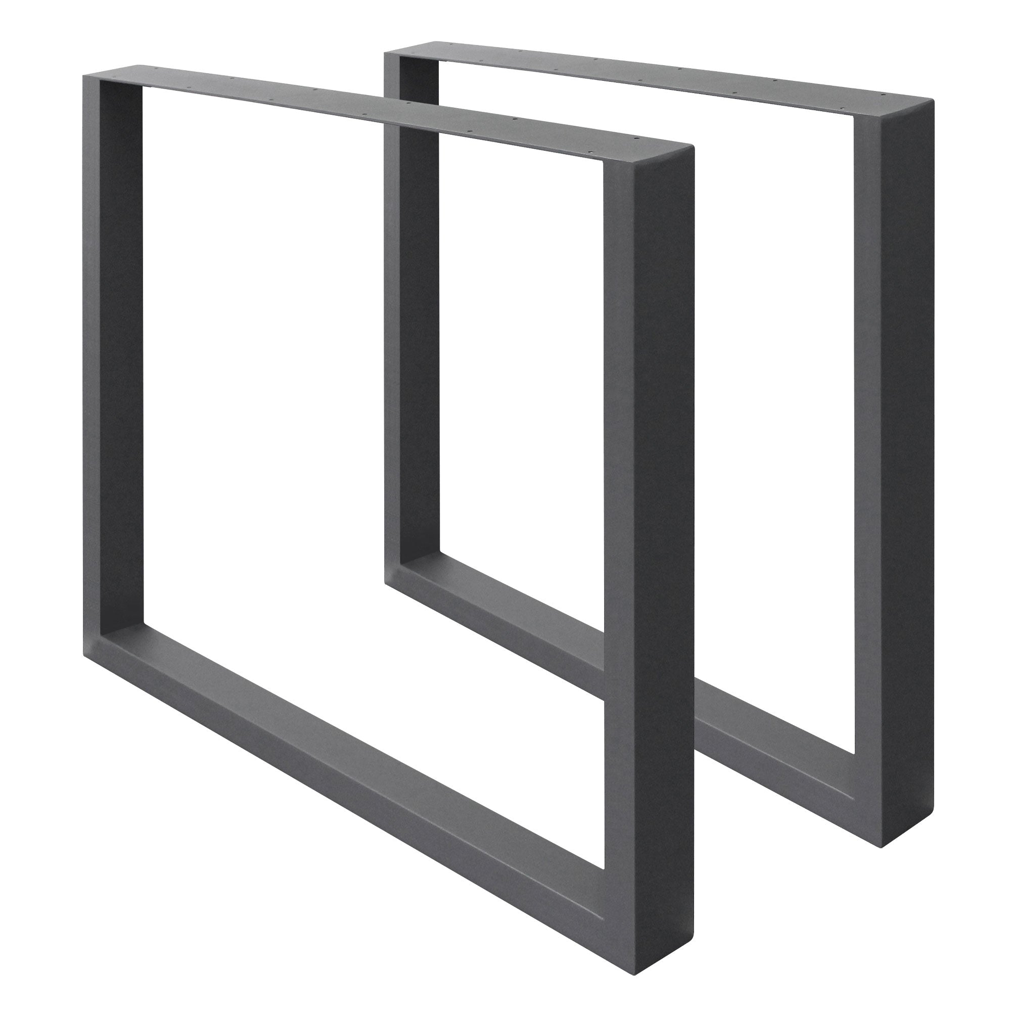Zwei schwarze Tischgestelle aus Metall ohne Tischplatte.