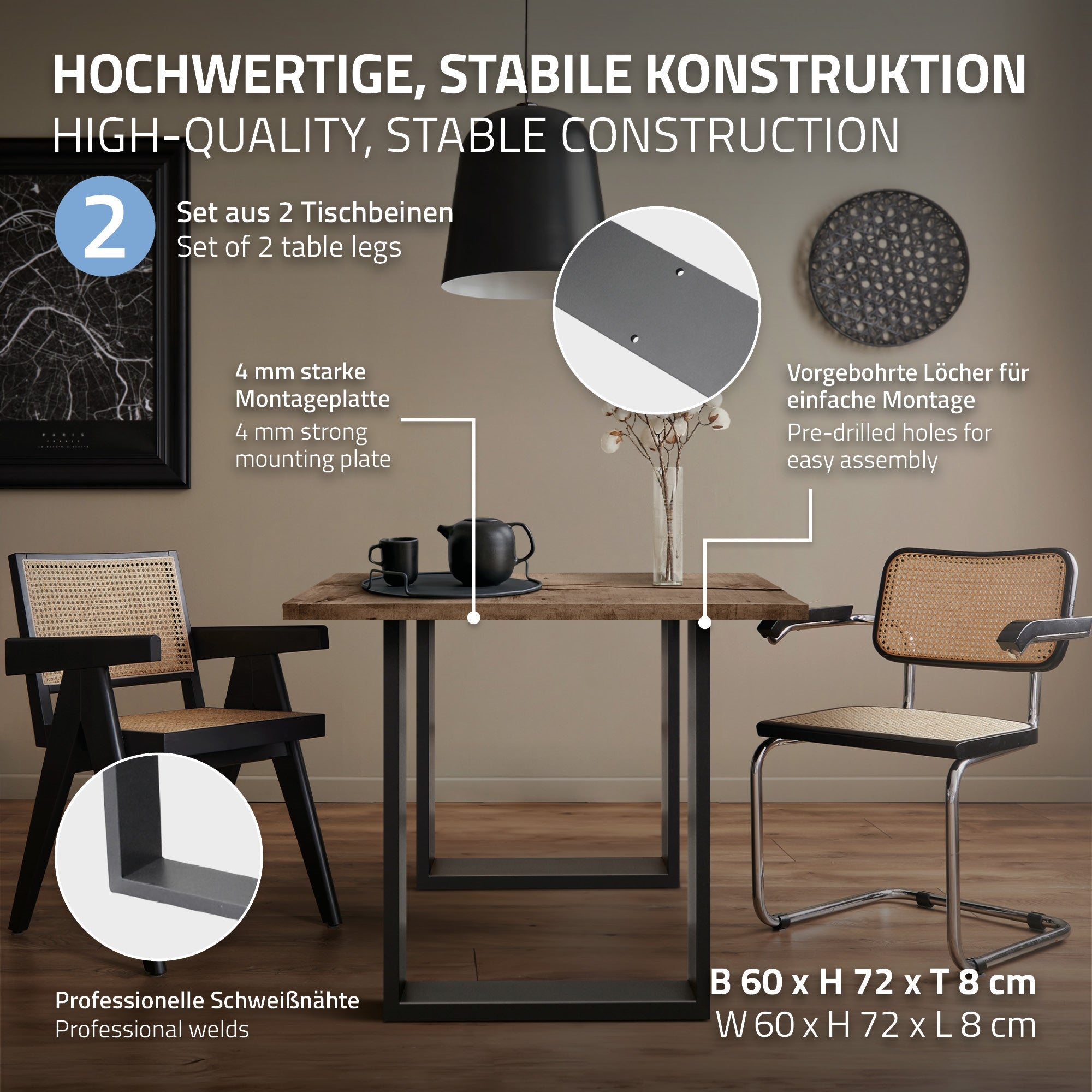 Tisch mit zwei Stühlen, Beschreibung der Konstruktion.