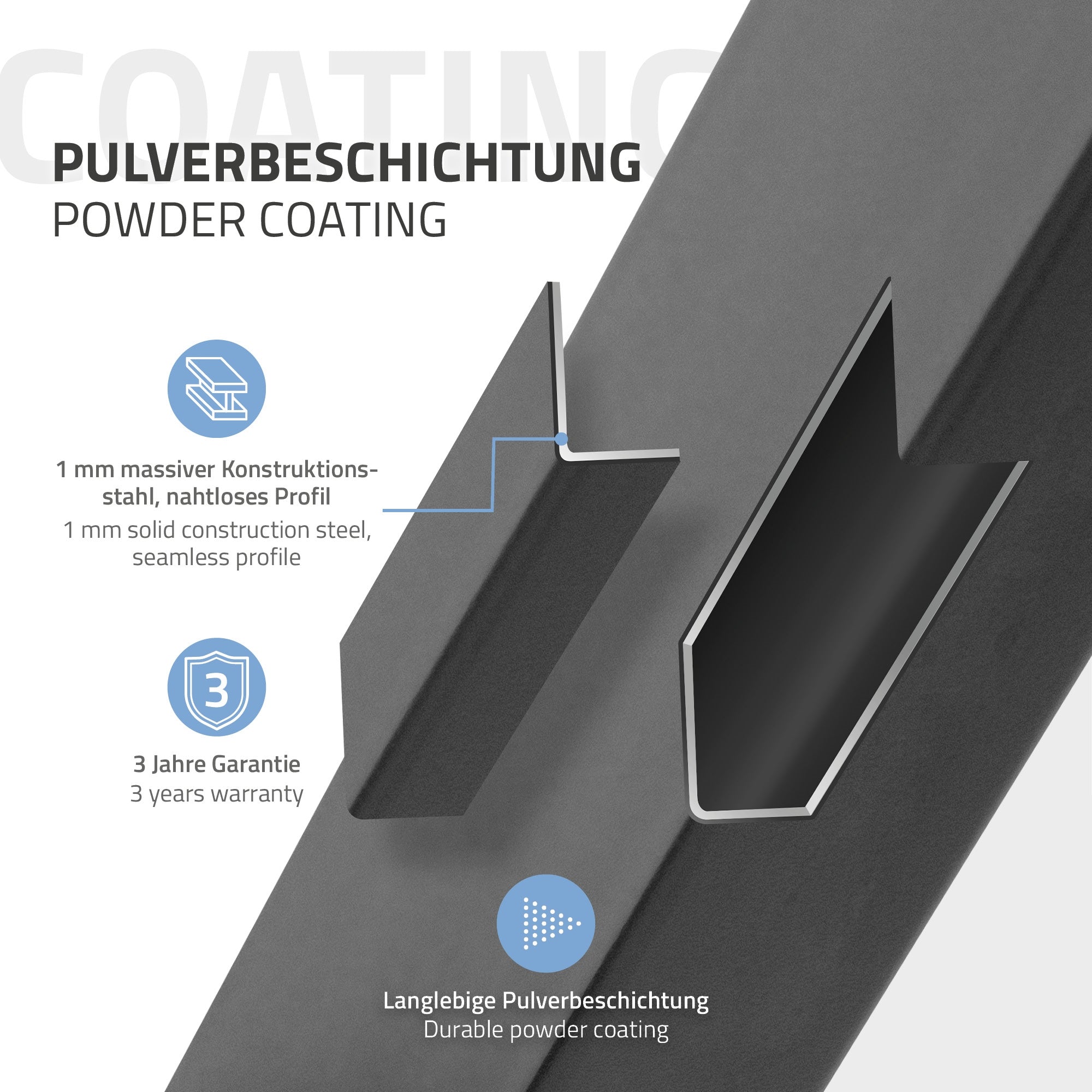Detailansicht eines Tischgestells mit Informationen zur Pulverbeschichtung.