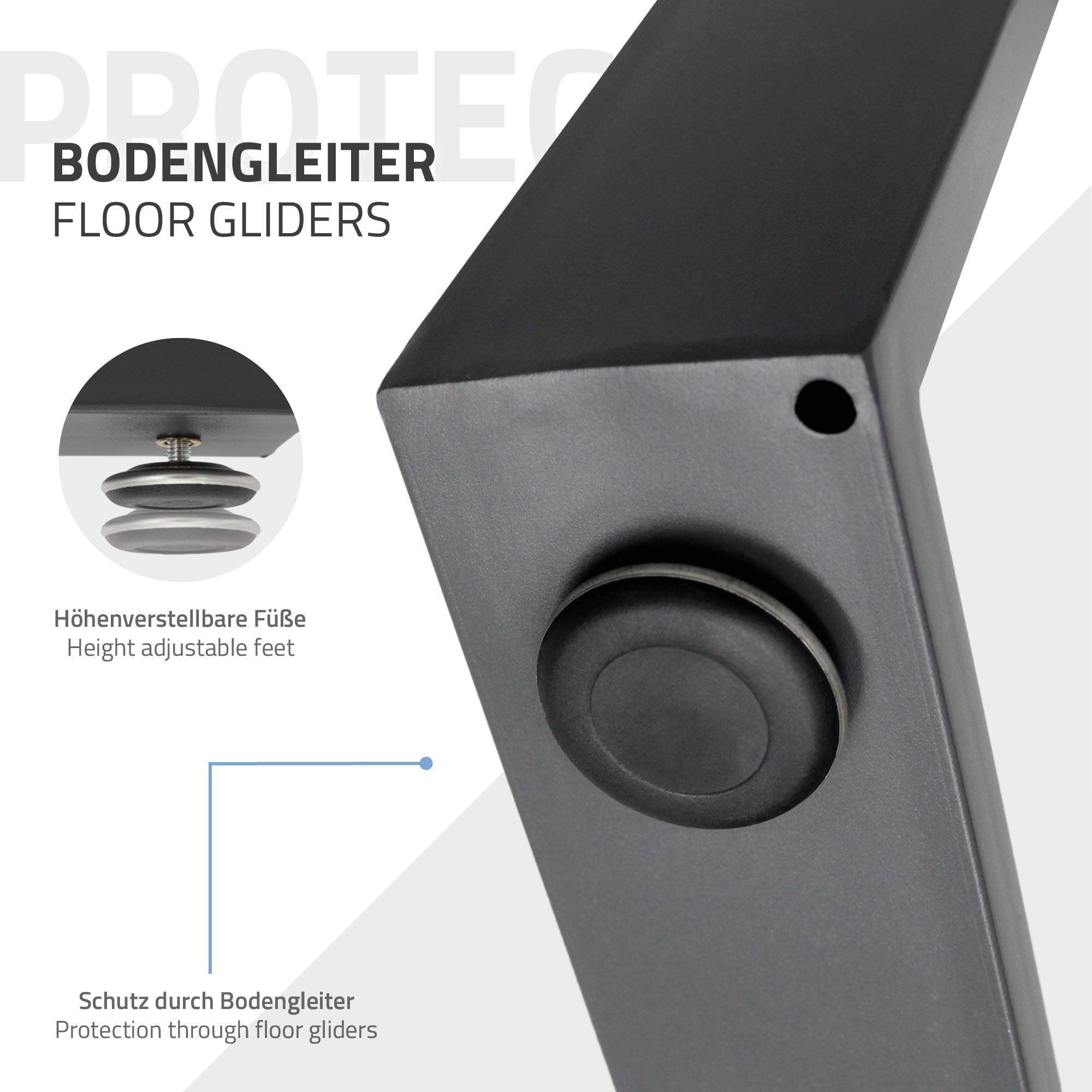 Nahaufnahme eines schwarzen Metallprofils mit Informationen zu Bodengleitern.
