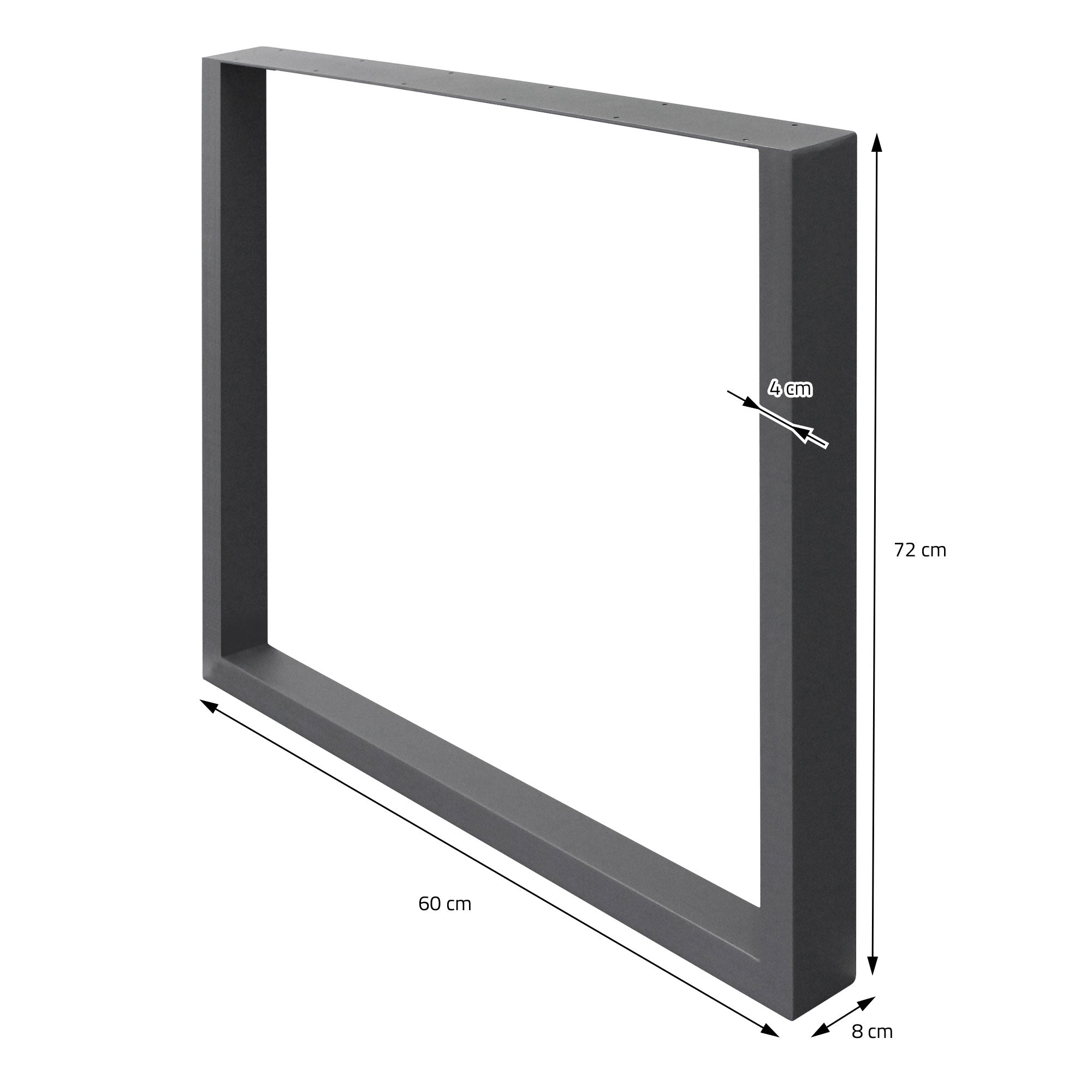 Ein schwarzes Metallgestell in rechteckiger Form mit Maßen.
