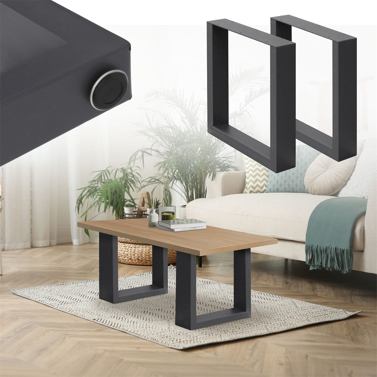 Table with two table legs and plants in the background, sofa visible.