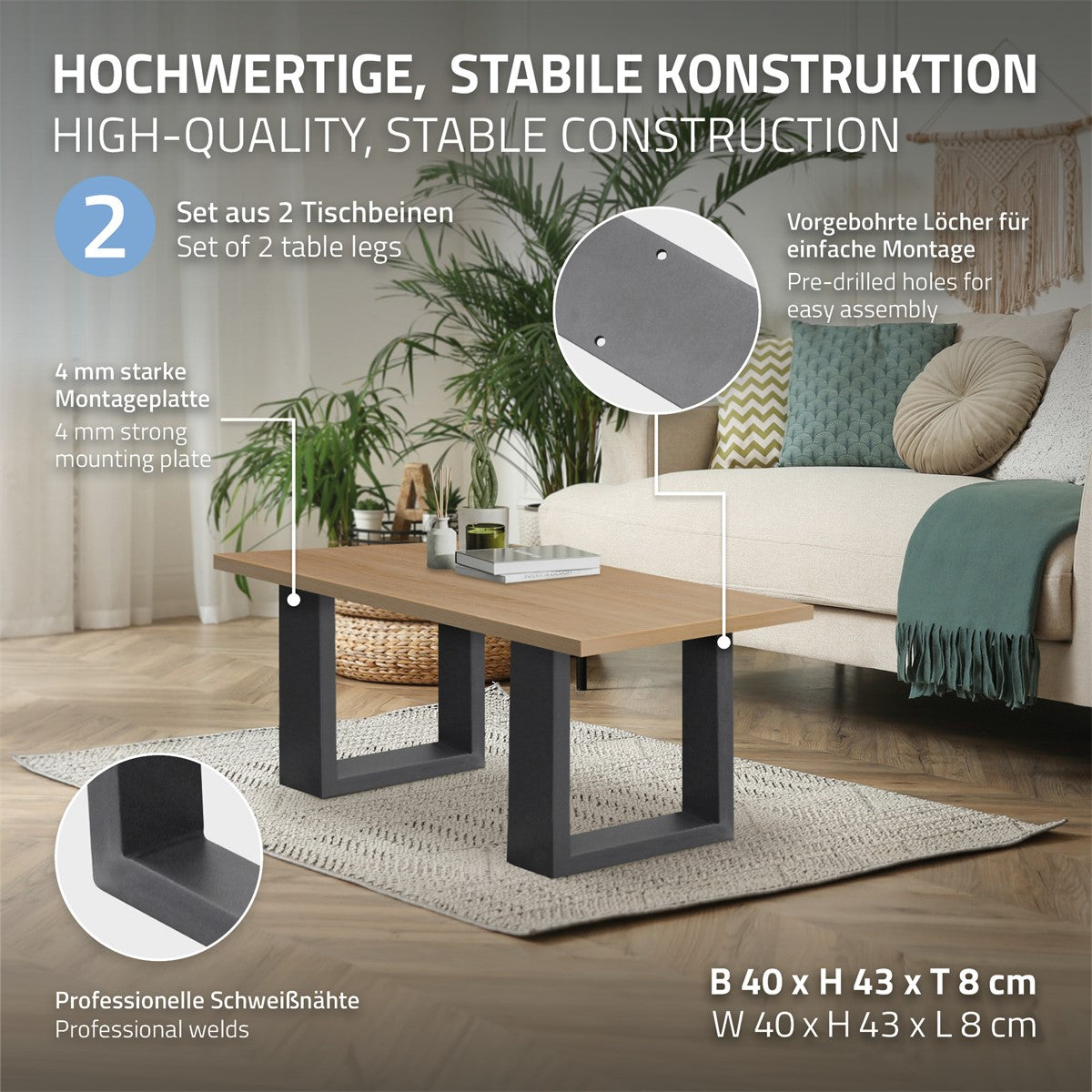 Träbord med stabila metallben och monteringsanvisning för bordsbenen.