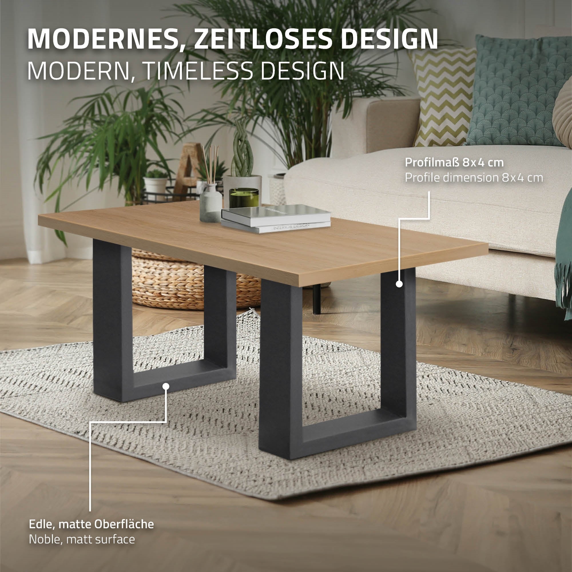 Holztisch mit mattem Finish und schwarzem Gestell, Wohnzimmer-Szene.