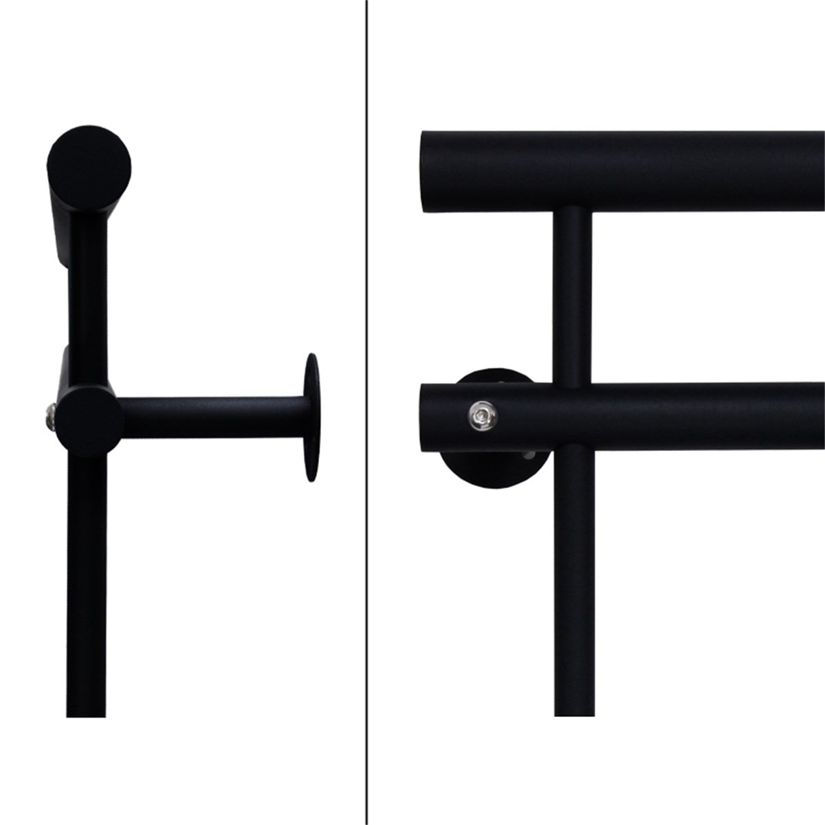 Detailaufnahme eines schwarzen Metallgestells mit runden und rechteckigen Elementen.