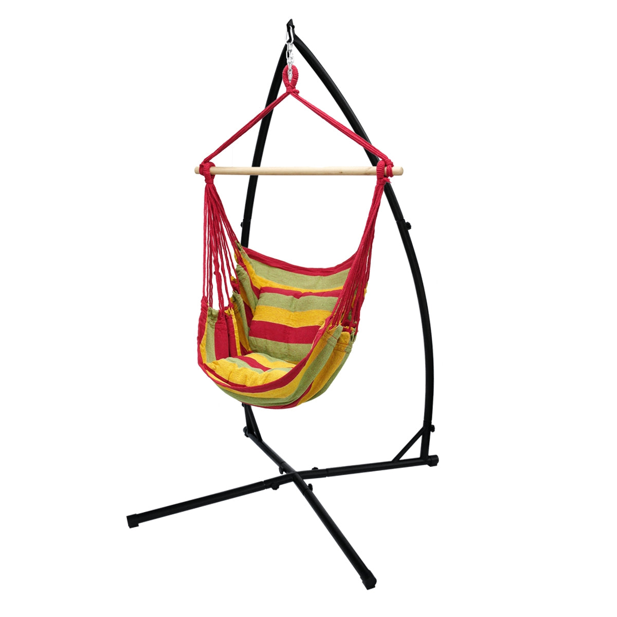 Hanging chair in red and yellow on a black frame.