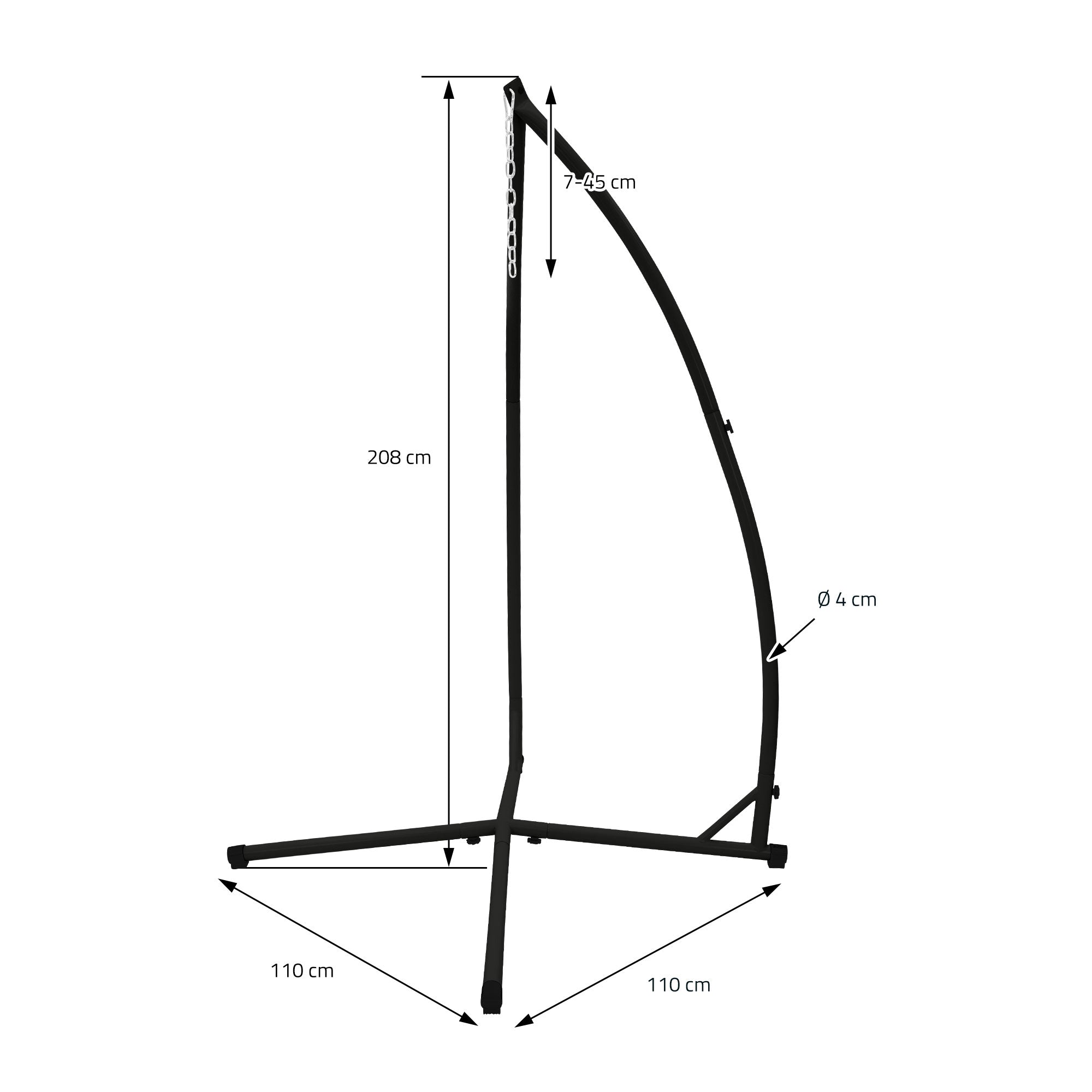 Schwarzer Gestell mit Kettenaufhängung, Höhe 208 cm, Durchmesser 4 cm.