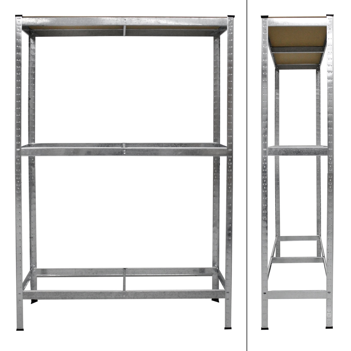 Estante de metal con dos superficies de almacenamiento y construcción estable.