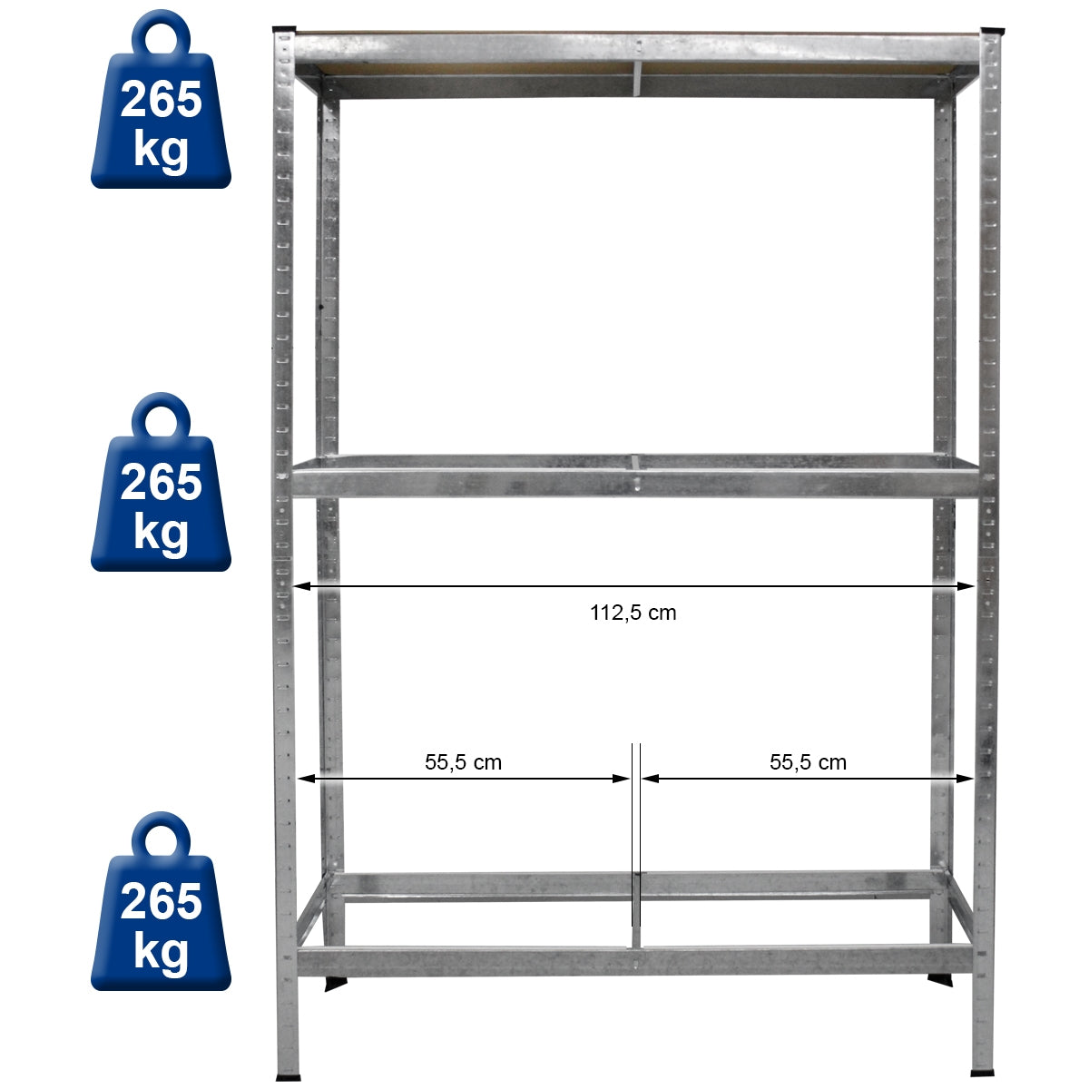 Un soporte de estante estable con tres estantes y especificaciones de peso.