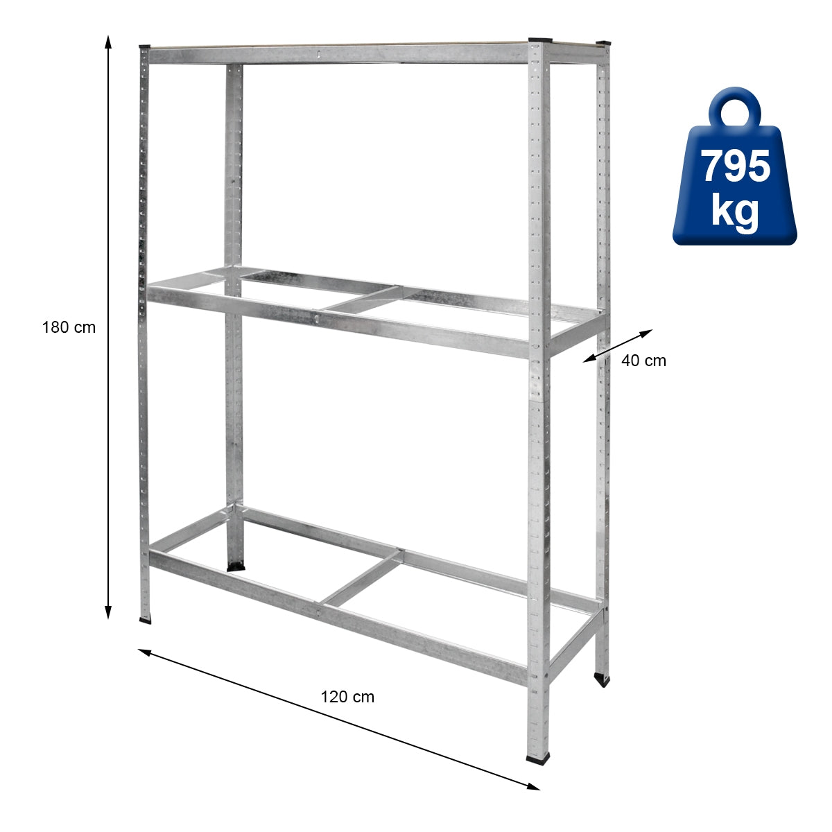 Estante de metal con dos estantes, altura 180 cm, ancho 120 cm, capacidad de carga 795 kg.