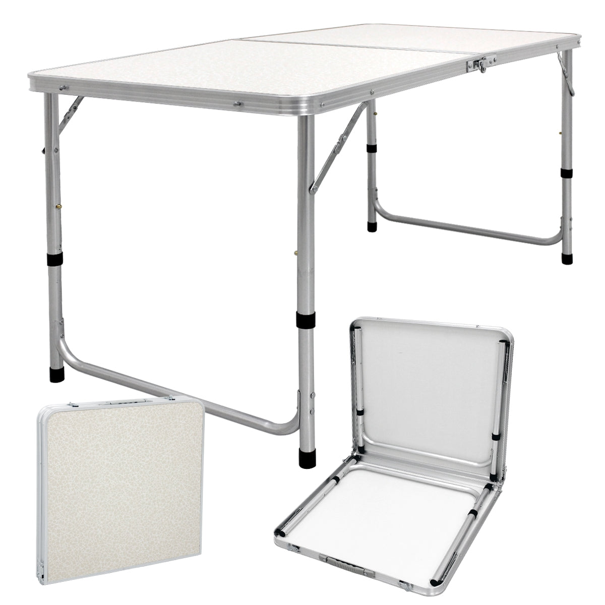 A folding table with a silver frame and a white tabletop.