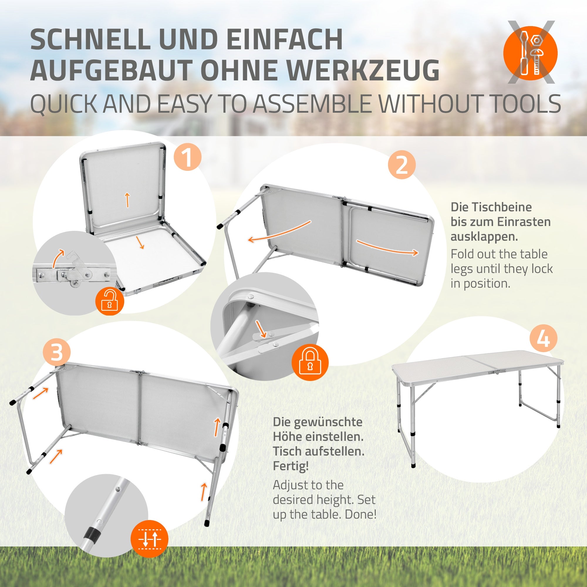 Instructions for assembling a table without tools in four steps.