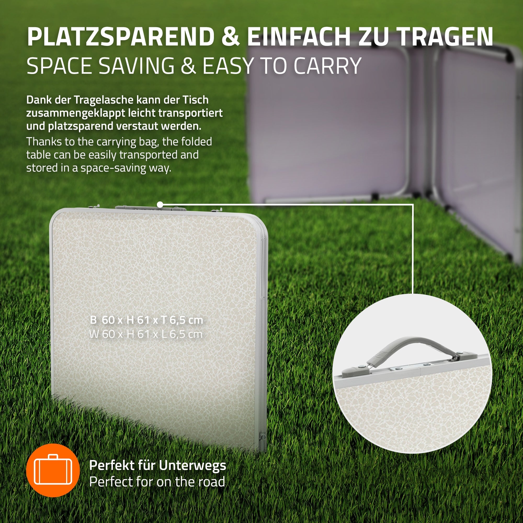 A table in a carrying bag that transports the table space-saving.