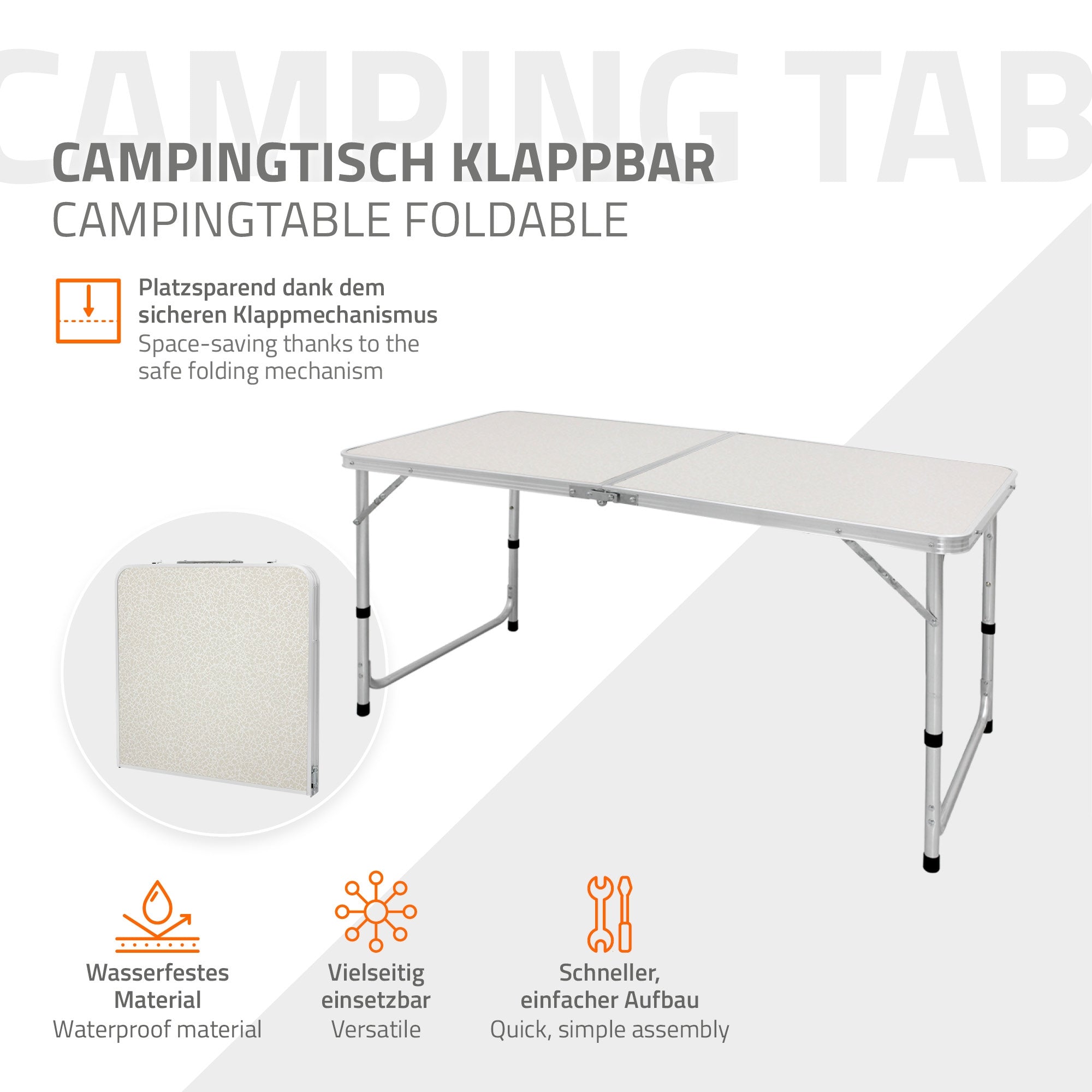 Folding camping table in white, made of waterproof material.