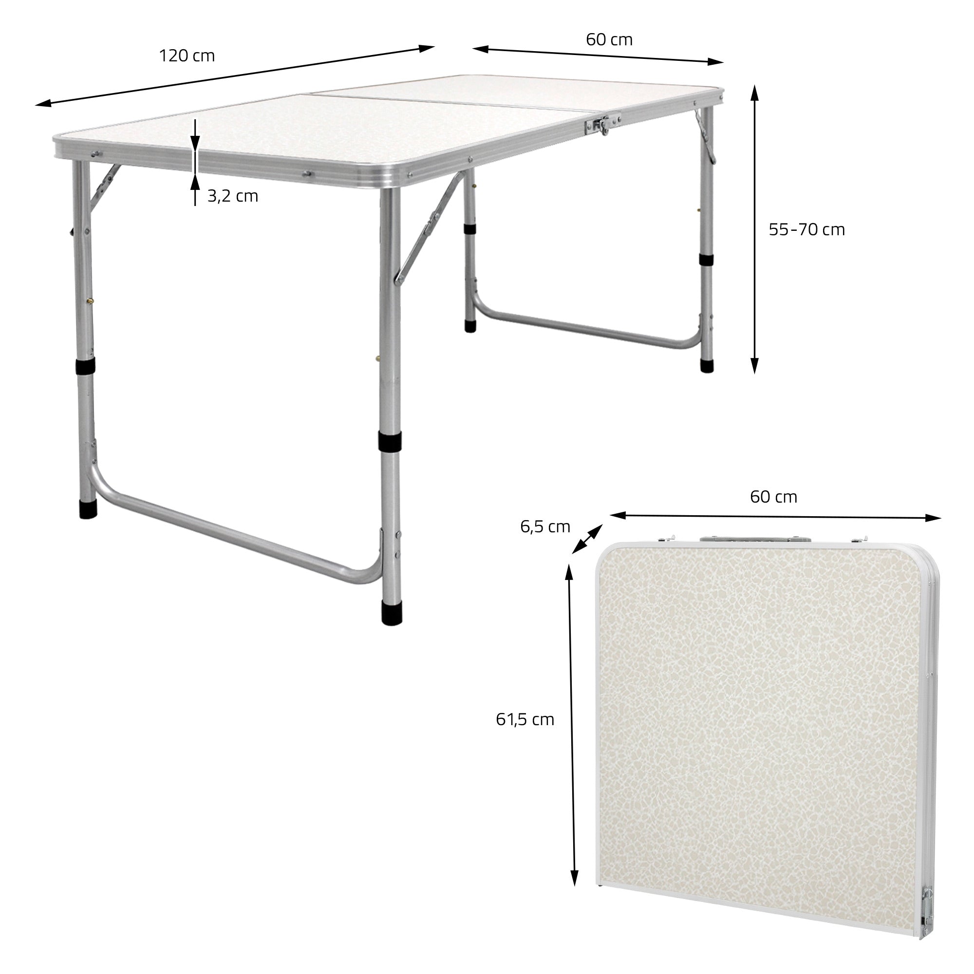 A folding table with dimensions and a folded view.