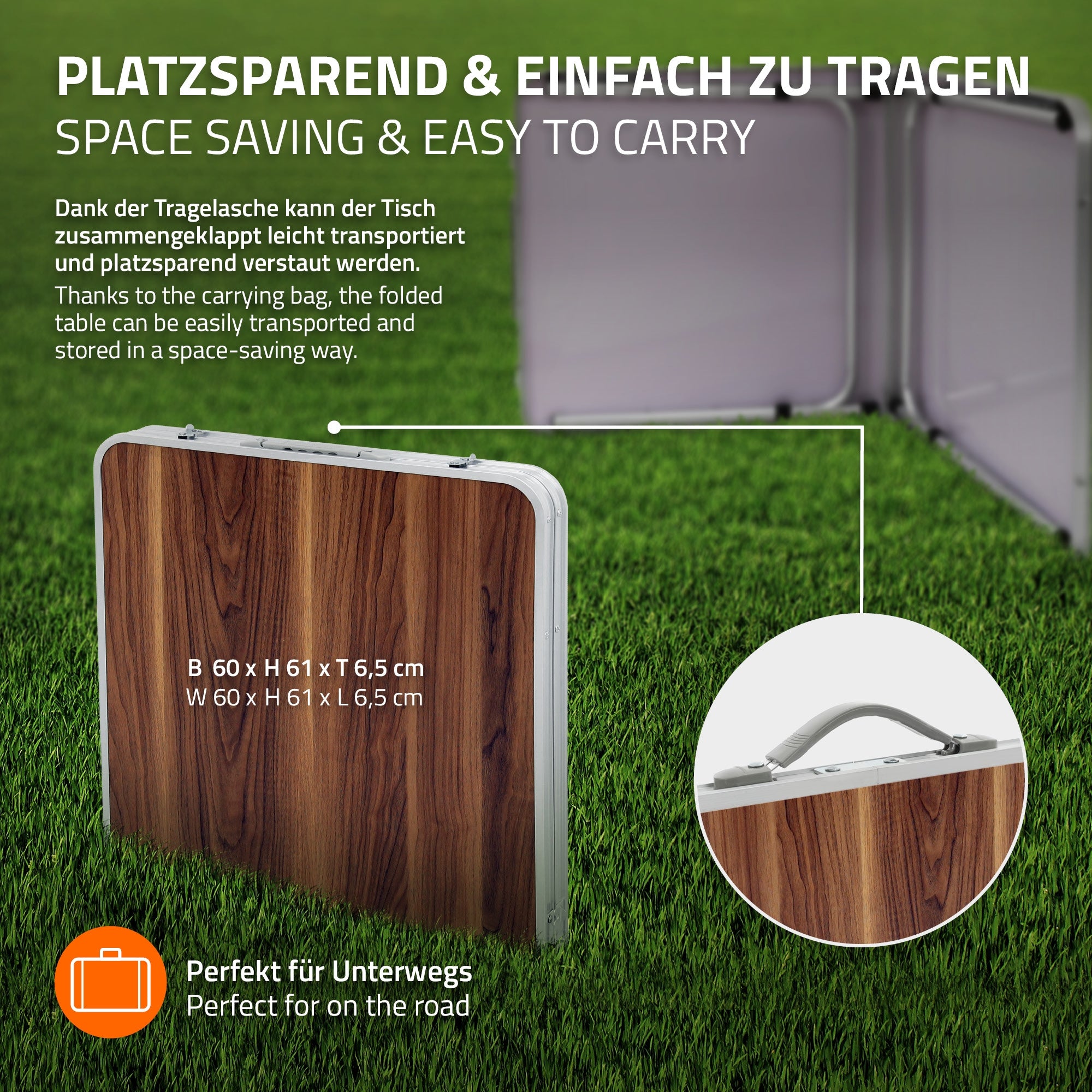 Una mesa plegable en una bolsa de transporte, con aspecto de madera.