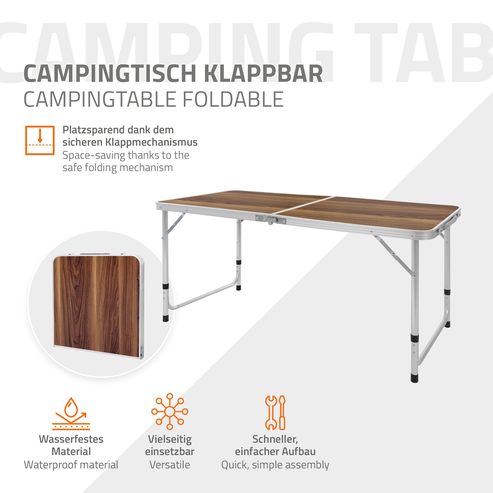 Una mesa de camping plegable con superficie de madera y patas estables.