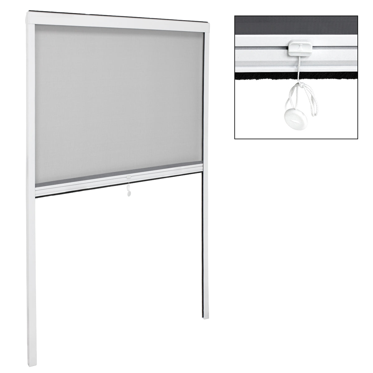 A white privacy screen with a sturdy frame and a cord for raising.