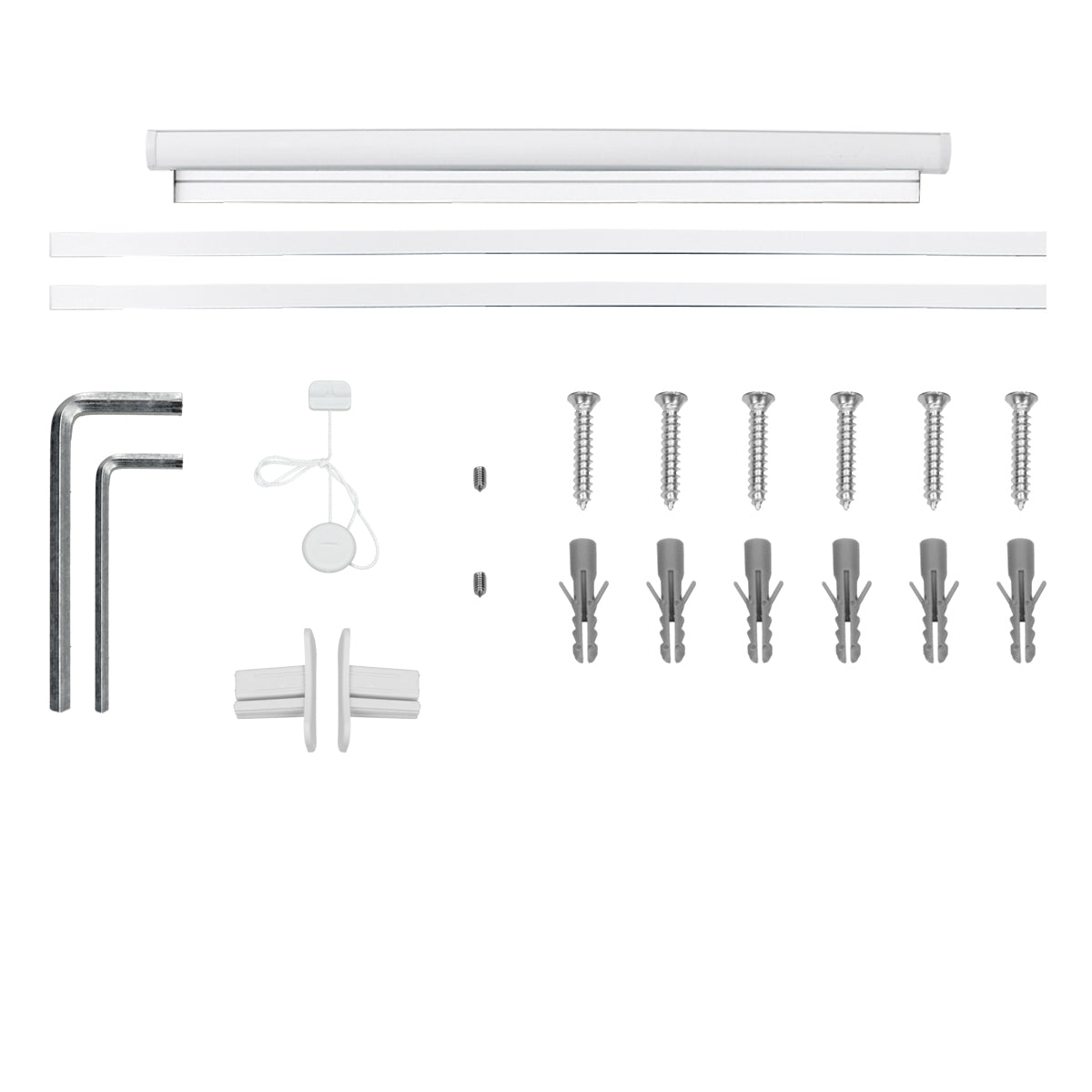 Various mounting elements, including screws, dowels, and metal parts.
