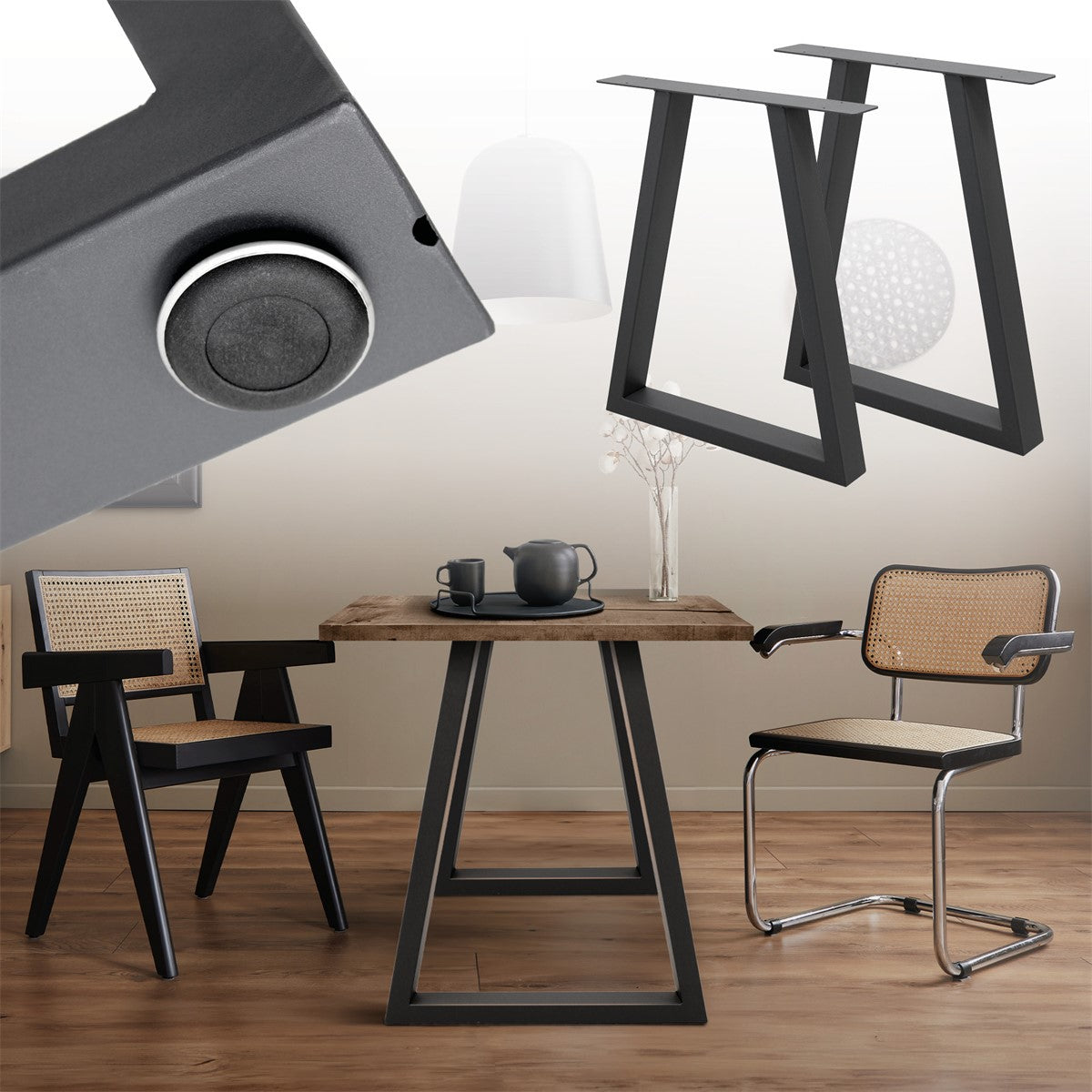 Close-up of a table frame with two chairs and a coffee pot.