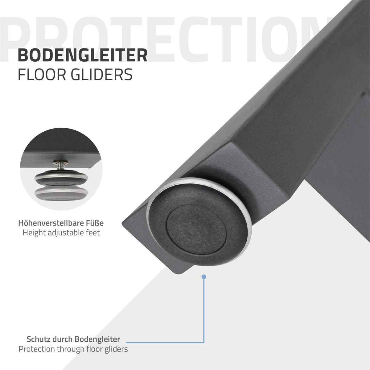 Detailed view of a floor glider with labeled protection.