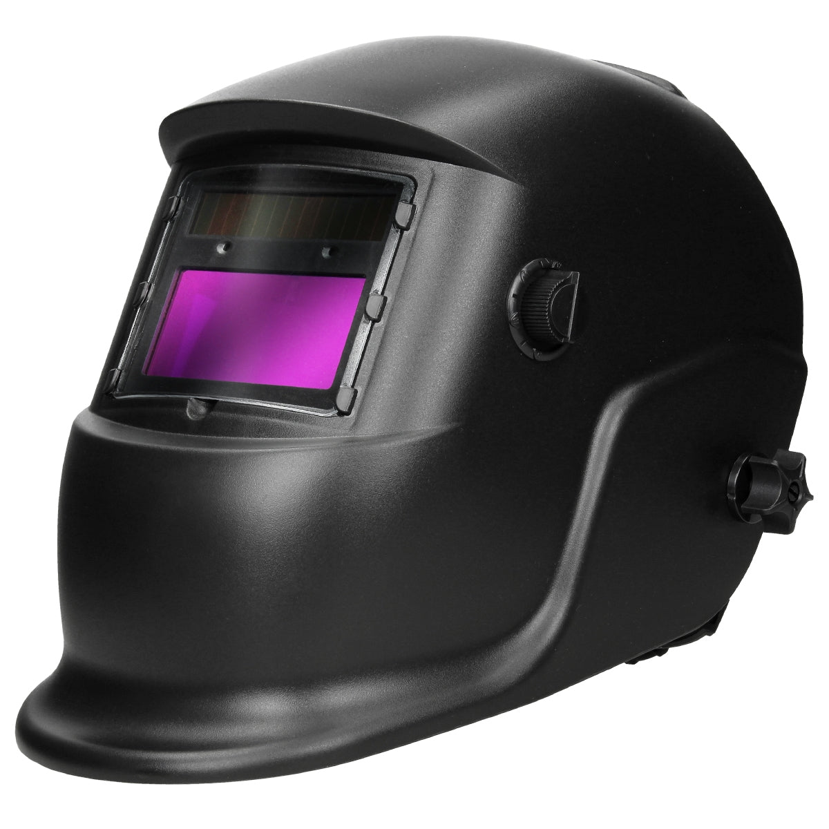 A black welding helmet with a dark viewing window.