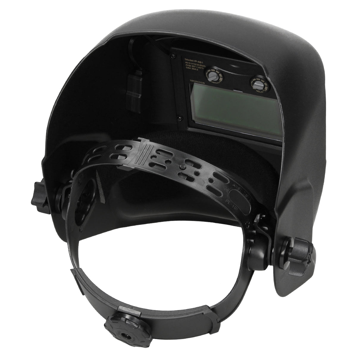A black helmet with a viewing window and adjustable headband.