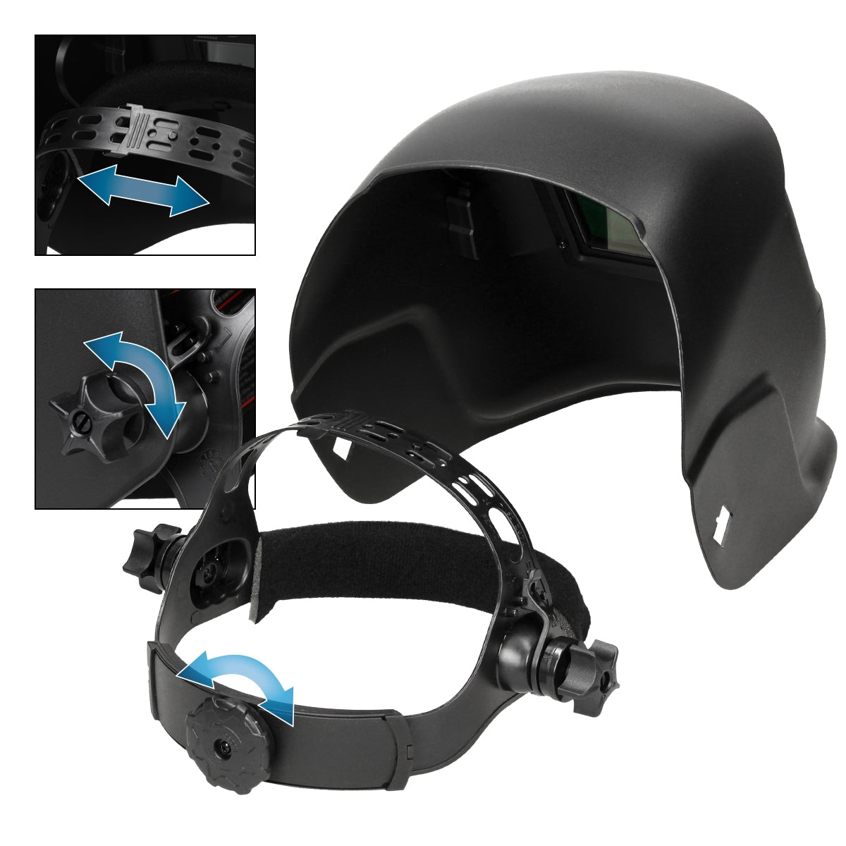 A black visor with adjustable headband for a camera.
