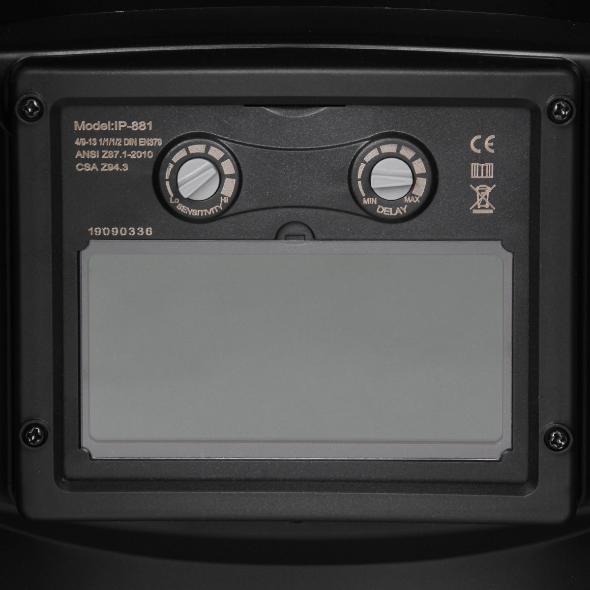 Rear view of a device with two control knobs and a display.