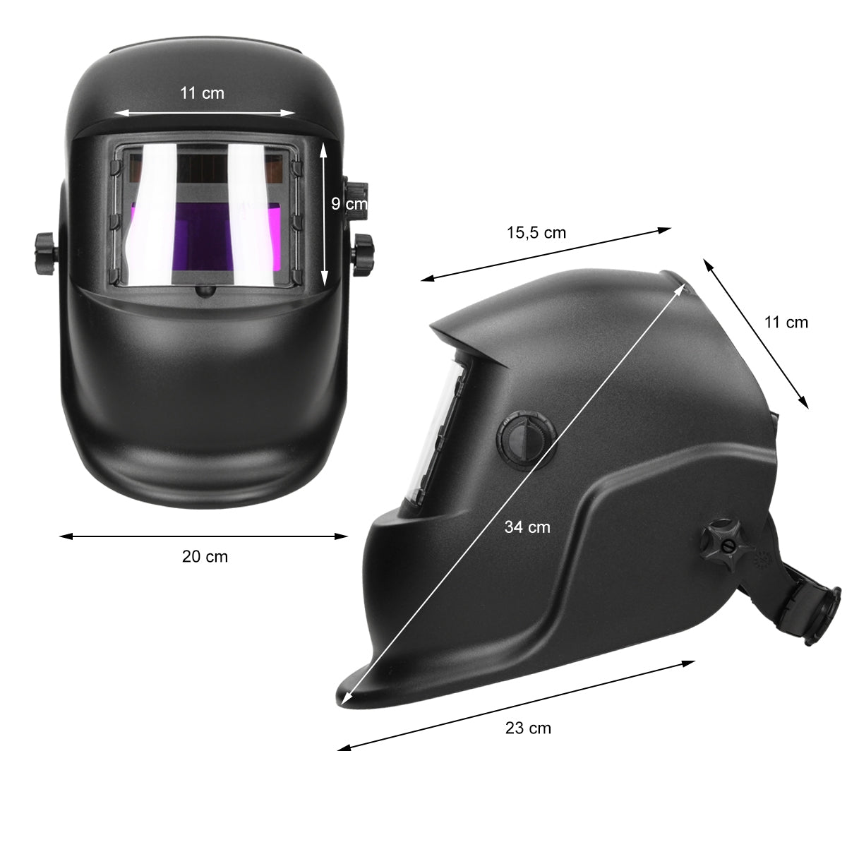 Black welding mask with measurements and viewing window.