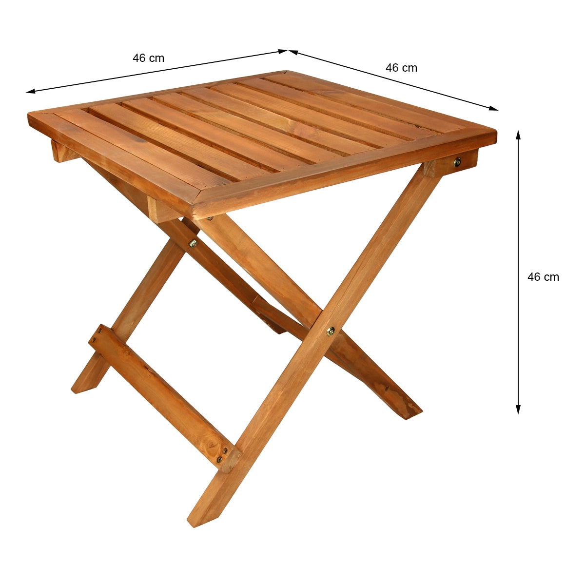 Table en bois avec des dimensions, 46 cm de haut et 46 cm de large.
