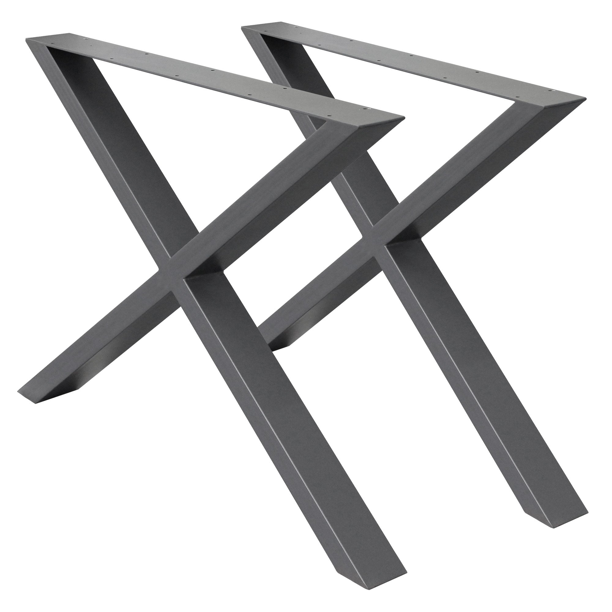Zwei metallene Tischbeine in X-Form auf einem weißen Hintergrund.