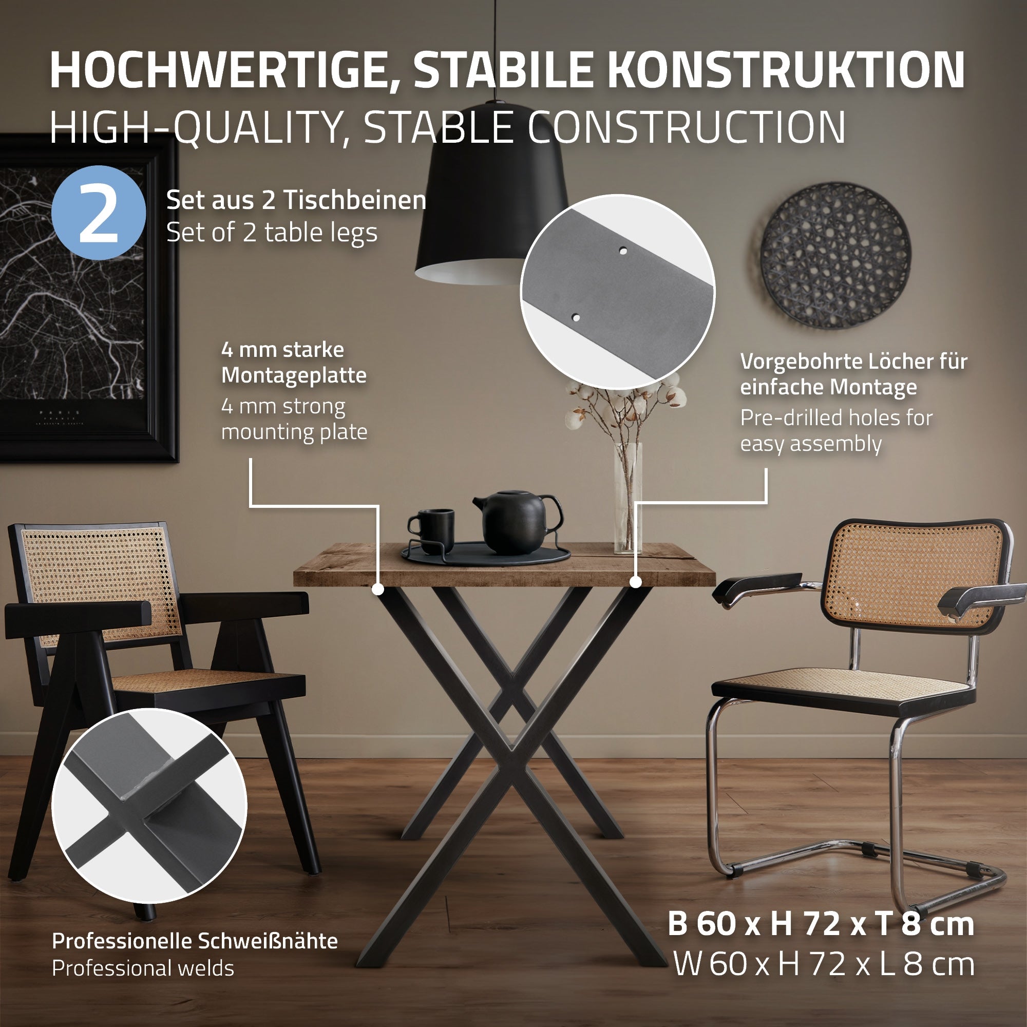 Holztisch mit stabiler Konstruktion und zwei Stühlen.