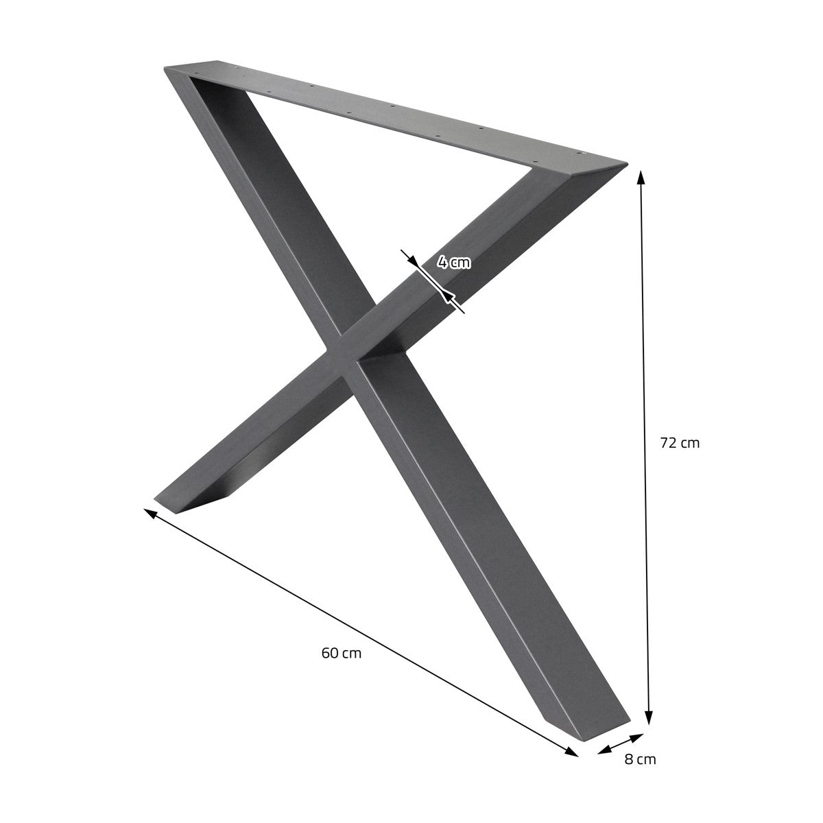 Dimensioned drawing of a gray table frame in cm.
