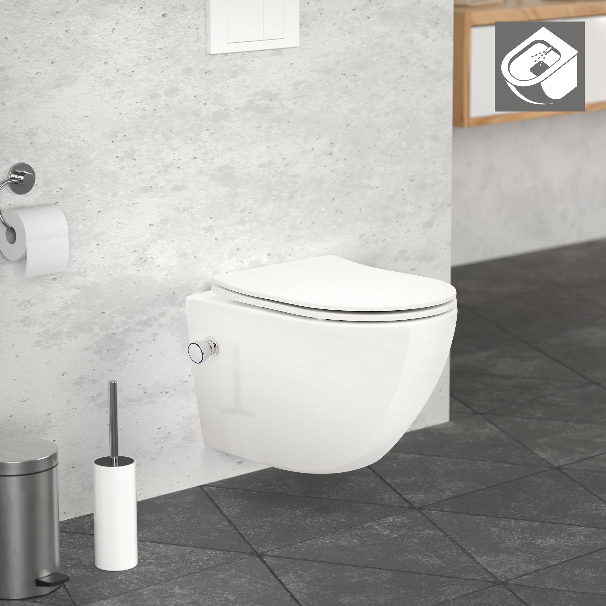 Wandtoilette in einem modernen Badezimmer mit grauen Fliesen.