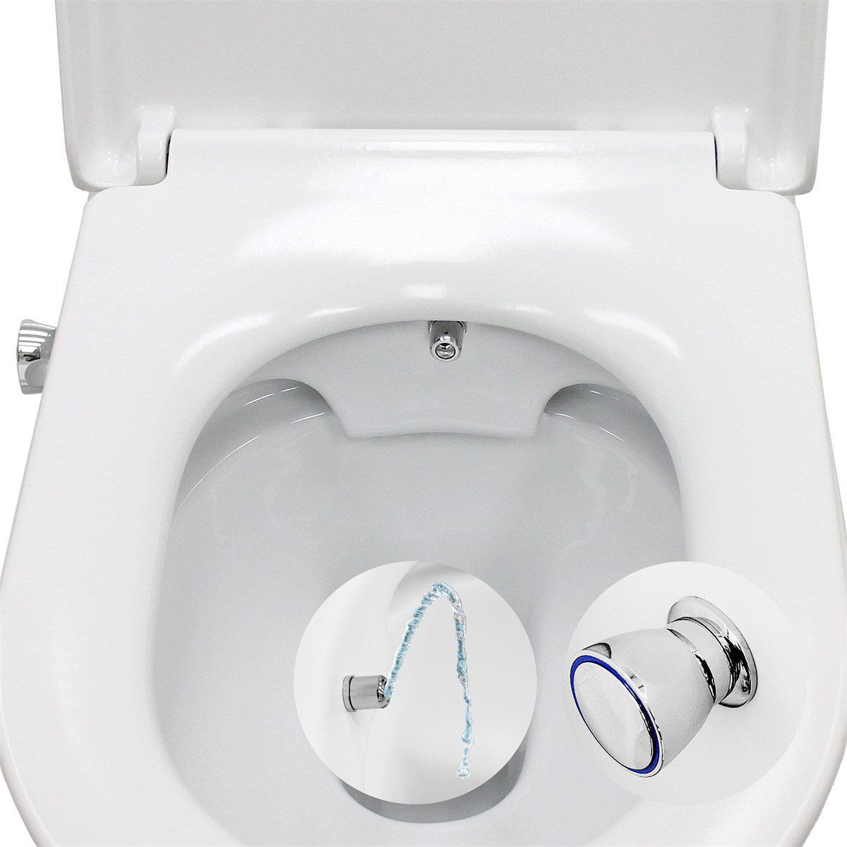 Pillantás egy WC-csészébe, vízsugárral és kezelőgombbal.